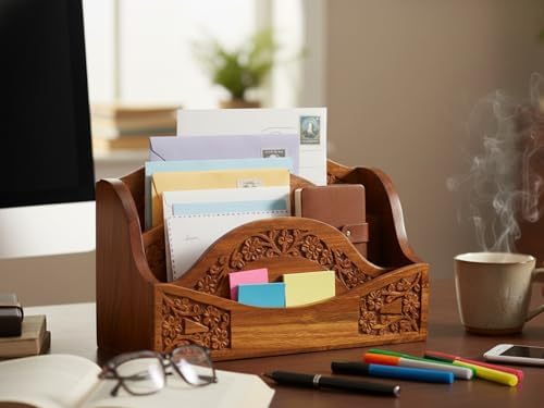Handmade Wooden Mail Organizer Letter Rack Wood Magazine Holder Wooden Desk Organizer 3 Self Brass Inlay 12 Inch Remote Letter Holder