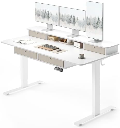 FEZIBO 60 x 30 inch Standing Electric Desk with Drawers, White