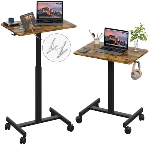 Mobile Desk on Wheels, Pneumatic Height Adjustable, Brown+Black
