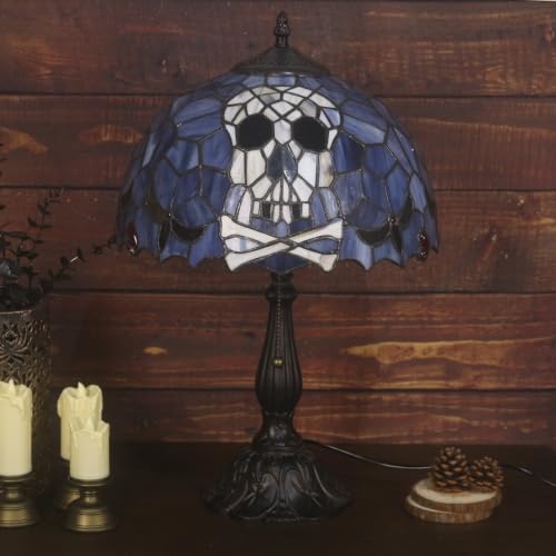 Tiffany Style Stained Glass Skull Lamp, Gothic Pirate Table Lamp, Halloween Home Decor Accent Light (Bulb Not Included, 12x12x19 in)