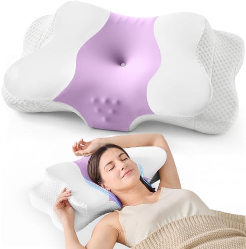DISSA Cervical Neck Pillow for Side Sleepers Ergonomic Contour Memory Foam Pillow with Adjustable Orthopedic Neck Support for Pain Relief - Gift for Christmas & Birthdays - Purple