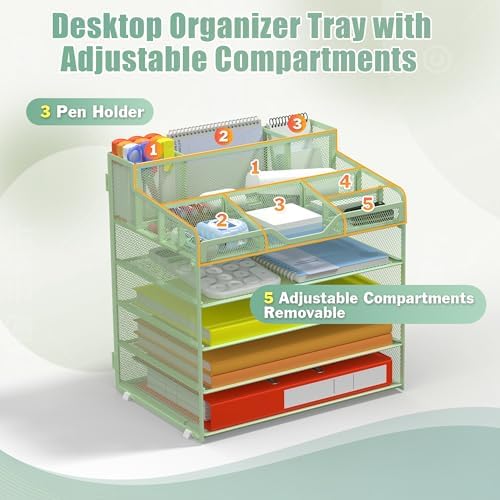 Docnest 5 Tier Mesh Desk Organizer with Letter Tray & Paper Sorter, Green