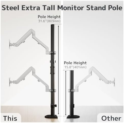 31.6" Steel Extra Tall 2-Section Monitor Arm Pole with C-Clamp/Grommet Base