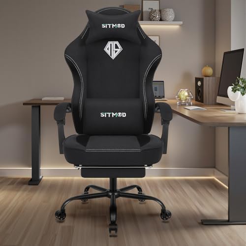 SITMOD Gaming Chair, Comfortable Video Game Chairs for Adults with Footrest High Back Headrest Lumbar Support Fabric Office Computer Desk Chair Reclining Ergonomic Big and Tall Silla Gamer