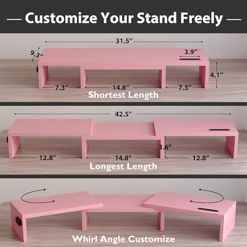 BONTEC Dual Monitor Stand Riser, Adjustable Length & Swivel Angle, Pink