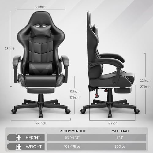Huracan Gaming Chair with Footrest, Ergonomic Computer Chair Lumbar Support, Adjustable High Back Recliner for Adults, Racing Style Video Gaming Chairs, for Home Office Streaming, Black