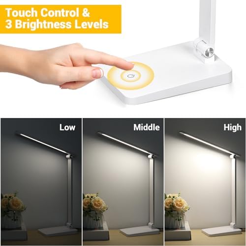 LED Desk Lamp for Home Office, 3 Levels Dimmable Desk Light with USB Charging Port, Reading Lamp for Table Study Work Office Nail Craft Puzzle, White, 5000K
