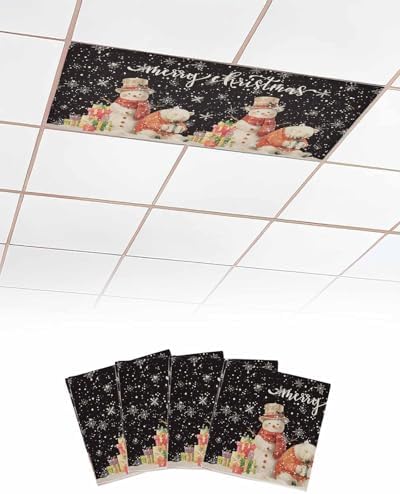 Black Christmas Magnetic Fluorescent Light Covers for Ceiling Lights 2 x 4 Feet,Vintage Snowflakes Snowman Bear Farmhouse Office Classroom Kitchen Drop Ceiling Light Covers Filters Shade Panel 4 Packs