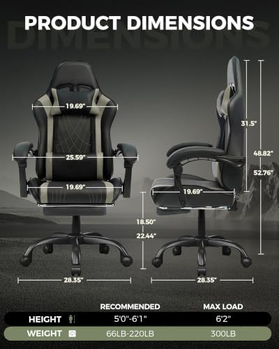 LUCKRACER Gaming Chair with Footrest, Pocket Spring Seat, 90°-135° Reclining Computer Chair with Linkage Armrests, Lumbar Support, Height Adjustment, SGS-Tested Gas Lift, 330 lbs Capacity, Grey