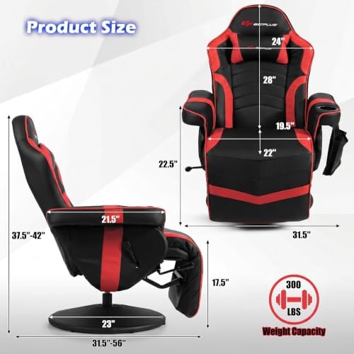 POWERSTONE Gaming Recliner, PU Massage Gaming Chair with Footrest, Cup Holder, Headrest and Side Pouch, Adjustable Single Sofa Living Room Chair(Red)