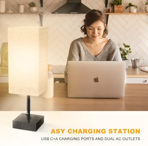 YIDPU Table Lamp for Bedroom with USB,Bedside Lamp with USB C+A Charging Ports,Adjustable 3color LED Light for Home Decor/Nightstand/Office,Included Bulb and Fabric Lamp Shade (Linen White, 1PCS)