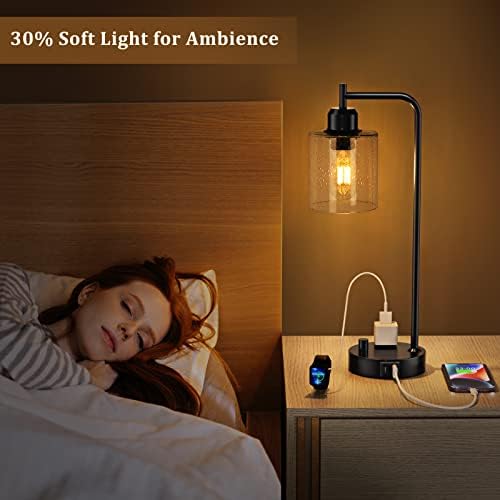 Industrial Desk Lamp, Fully Dimmable Small Bedside Table Lamp, Black, USB C