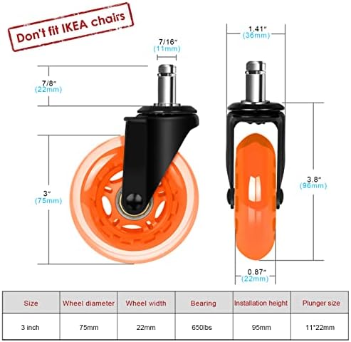 Hirate 3" Office Chair Caster Durable PU Wheel Replacement Set of 5 Orange