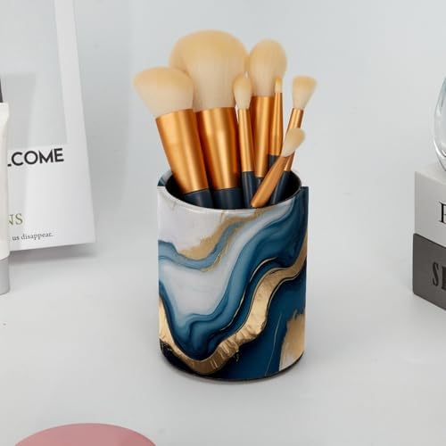 Blue Gold Marble Pen Holder Pencil Organizer Cute Pencil Cup Desk Decor Makeup Brush Holder PU Multifunctional Office Supplies for Home Classroom School
