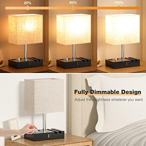 Beige Bedside Table Lamps Set of 2 - Dimmable, USB C+A, 2 AC Outlets