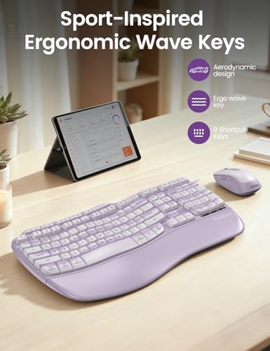 Purple MA31 Ergonomic Wireless Keyboard and Mouse Combo, Full Size Wave Key