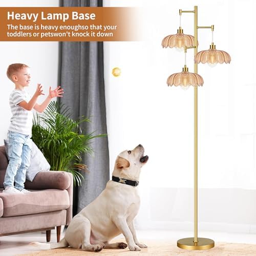 Vintage Floor Lamps for Living Room Bedroom-3 Light Glass Floor Lamp with Three Led Bulb, Flower Tall Floor Lamp Gold Mid Century Modern Standing Lamp Tree Floor Lamps for Living Room Bedroom Corner