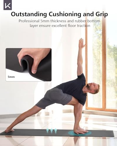 KEEP Rubber Yoga Mat - Professional Sweat Absorbent PU & Natural Rubber. Non Slip Workout Mats for Women & Men, 5mm Thick, 72"x26" Extra Long Wide Pad for Hot Yoga, Pilates, HIIT, Home Gym - Strap Included