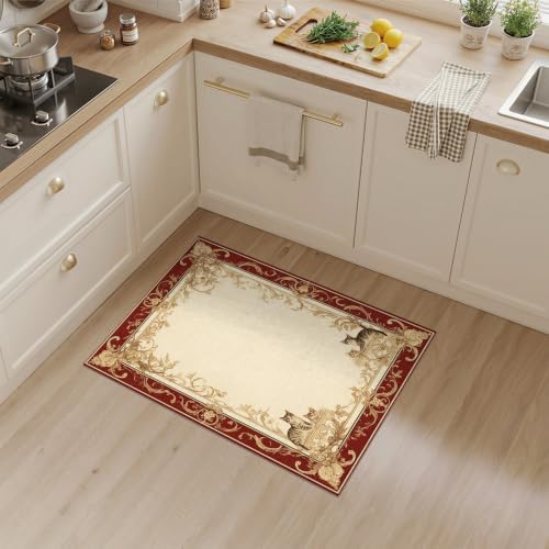 3'x5' Ivory Cat Crimson Motif with Swirls Washable Throw Rug