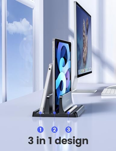 Vaydeer Vertical Laptop Stand Holder Organizer Plastic Adjustable Desktop Notebook Dock Space-Saving 3 in 1 for All MacBook Pro Air,Mac,HP,Dell,Microsoft Surface,Lenovo,up to 17.3 inches (Black)