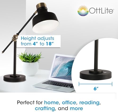 OttLite Balance LED Desk Lamp with USB Port, Black with Gold Accents