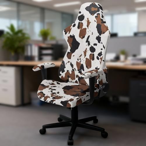 Cow Print Gaming Chair Cover with Armrest Cover 4 pcs Set Zippered Stretchable Slipcover Cat Proof Scratch Resistant Wastern Universal Rotating Desk Chair Protector
