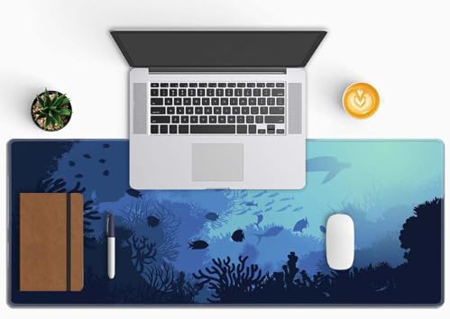Blue Ocean Big Turtle Gaming Mouse Mat, XL 31.5 x 11.8 Inch Ocean Theme with Turtle Design, Extended Long Thin Desk Pad for Keyboard Mice, Thin Blue Mouse Pad