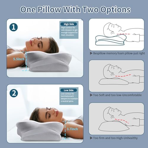 Cervical Pillow for Neck Pain Relief, Ergonomic Neck Pillow for Sleeping, Contour Side Sleeper Pillow for Neck Support, Orthopedic Cooling Memory Foam Pillows for Back Stomach Sleepers (White)
