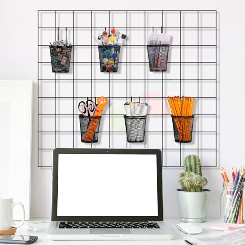 6 Sets Grid Wall Cups with Ring Hooks, hanging pencil holder Wall Mount Wire Grid Panel Pen Holder Organizer gridwall Accessories for Office Home Garage