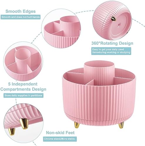 Cayxenful Pencil Holder For Desk,5 Slots 360°Degree Rotating Desk Organizers And Accessories,Desktop Storage Stationery Supplies Organizer, Cute Pencil Cup Pot For Office, School, Home (D-Pink)