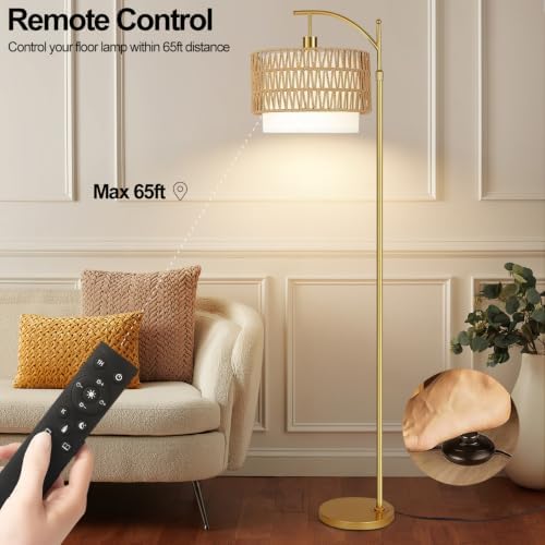 Gold Floor Lamps for Living Room Rattan Boho Floor Lamp with Remote Control & 3 Color Temperature, Dimmable Arc Floor Lamps Wicker Lamp Shades Brass Standing Lamp Tall Floor Lamp For Bedroom Corner