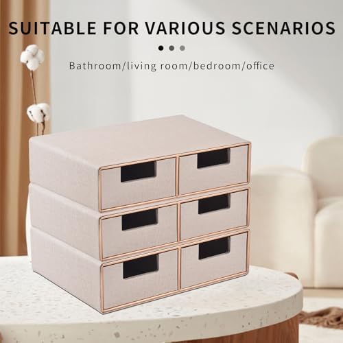 Linen Leather Desk Organizer with Drawers－Mini Desktop Drawer Organizer Stackable－Multifunctional Tabletop Organization Storage Box for Office Supplies Home Vanity Toiletries (Beige, 2-drawers)