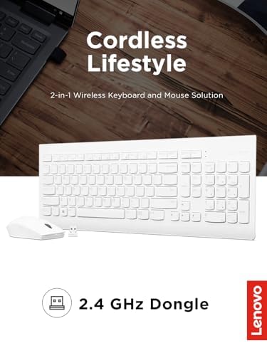 Lenovo 510 Wireless Combo with 2.4 GHz USB Receiver, Slim Full Size Keyboard, Full Number Pad, 1200 DPI Optical Mouse, Left or Right Hand, GX30W75336, White