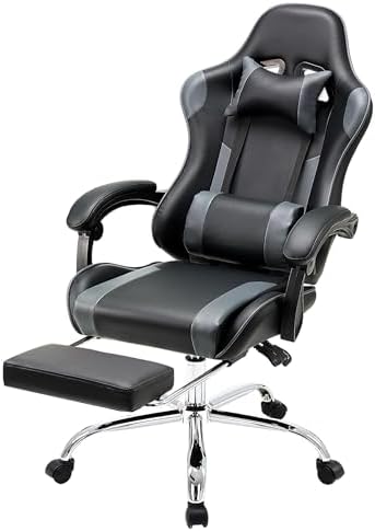 NEWBULIG Computer Gaming Desk Chair - High Back Ergonomic Lumbar Support with Footrest and Headrest, Comfy PU Leather Recliner with Linkage Armrest, Height Adjustable and 360° Swivel, Grey