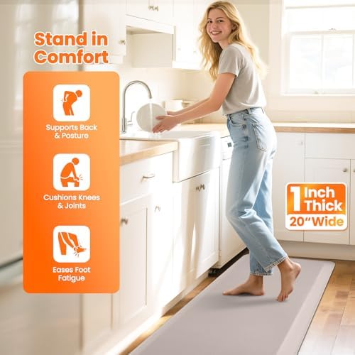 1-Inch Thick Anti-Fatigue Mat for Kitchen and Standing Desk, 20"x72", Khaki