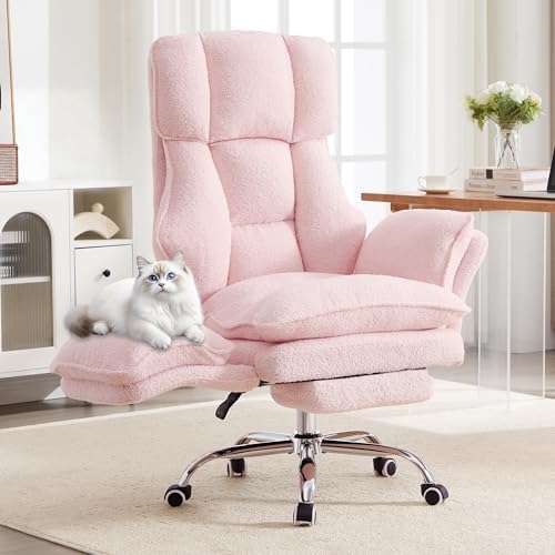 Big and Tall Office Chair with Flip Arms and Footrest, Teddy Criss Cross Legged Home Office Desk Chair with Pet Seat, Comfy Reclining Computer Gaming Chair, Pink