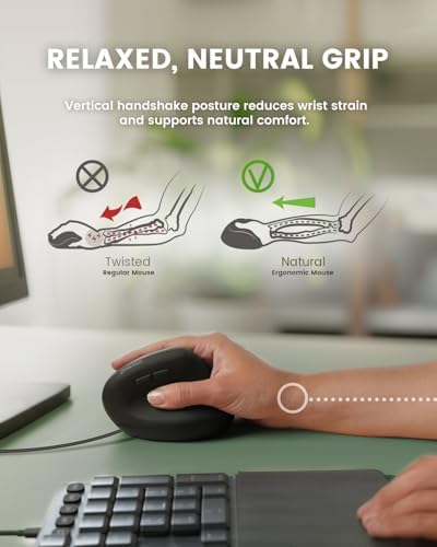Perixx PERIMICE-508II Wired Vertical Ergonomic Mouse - 6 Buttons, Adjustable DPI 1000/1600/3200/6400, Optical Sensor, USB Plug and Play, Right-Handed, Black