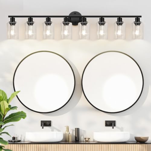 Zarbitta 8-Light Bathroom Light Fixtures, Black Modern Vanity Lights with Clear Glass Shade, Bathroom Wall Lamp, for Mirror Kitchen Living Room Hallway Cabinet Porch