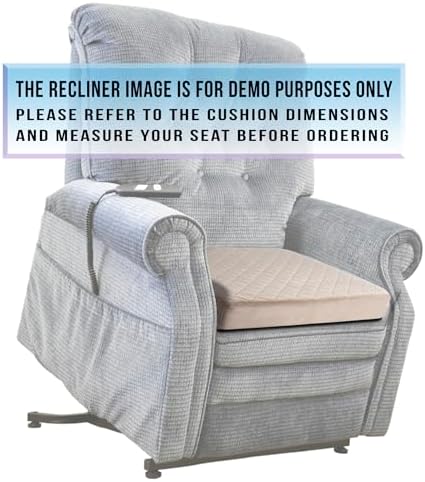Medium-Soft 20x20x3 Memory Foam Recliner Chair Seat Cushion for Long Sitting - Armchair Pad with Washable Velvety Cover with Waterproof Layer & Non-Slip Base for Seniors & Elderly - Beige