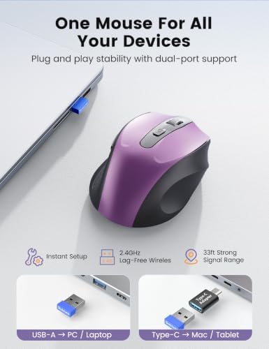 Purple Wireless Mouse for Laptop, Quiet Cordless Computer Mice for Office