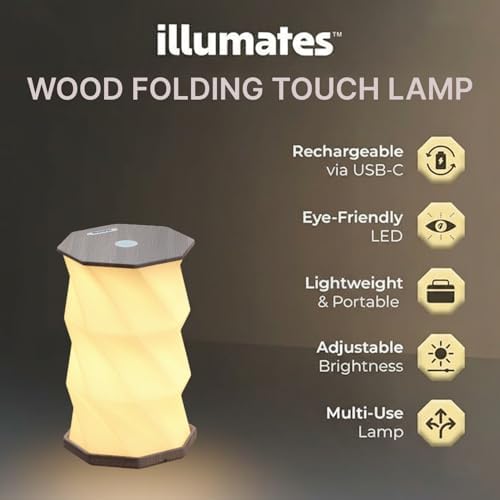 Origami Expanding Foldable LED Desk Lamp – USB Rechargeable & Portable - Dimmable Touch Control Light with Adjustable Height up to 8.25" for Office, Travel, Bedside & Modern Design (Wood Grain)