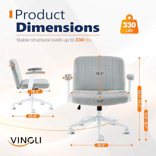 VINGLI Criss Cross Chair with Adjustable Flip-Up Arms,Cross Legged Chair with Wheels, Extra Wide Office Chair,Cozy Desk Chair for Home Office, Vanity, Apartment,Chenille Velvet,Light Blue-Green