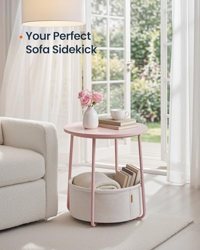 SONGMICS HOME Small Side Table, Round End Table, 2 Tier Nightstand with Basket, U Shaped Steel Legs, Easy Assembly, for Living Room, Bedroom, Pink and White