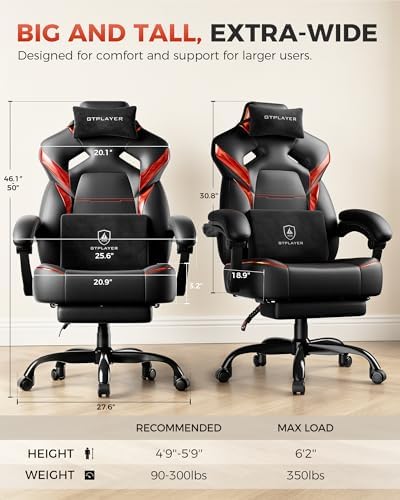 GTPLAYER Big and Tall Gaming Chair for Adults, Ergonomic Office Chair with Footrest, Heavy Duty 350 lbs Capacity, High Back, Premium Leather & Iridescent Trim, ACE-Armor, Red