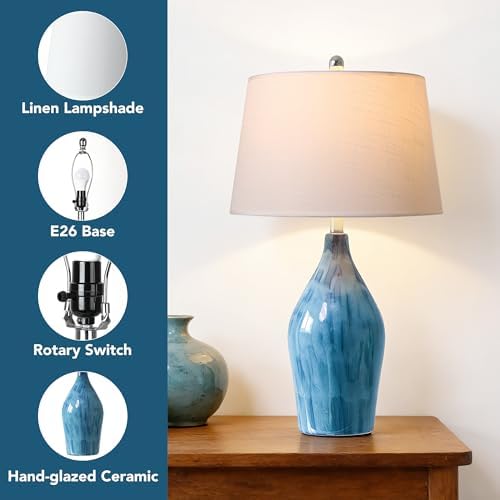 QiMH 28" Ceramic Table Lamp, 3 Color Temperatures Lamp for Bedroom with Memory Function, Nightstand Lamp with Linen Shade, Modern Glaze Bedside Lamp for Living Room, Blue, 2700K LED Bulb Included