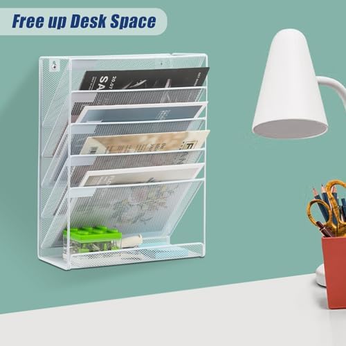 EASEPRES Desk File Organizer Mesh 6-Tier, Hanging Wall Mount Document Organization Stand, Desktop Vertical Mail Paper Folder Holder Rack with Bottom Tray for Office Home Cubicle Countertop, White