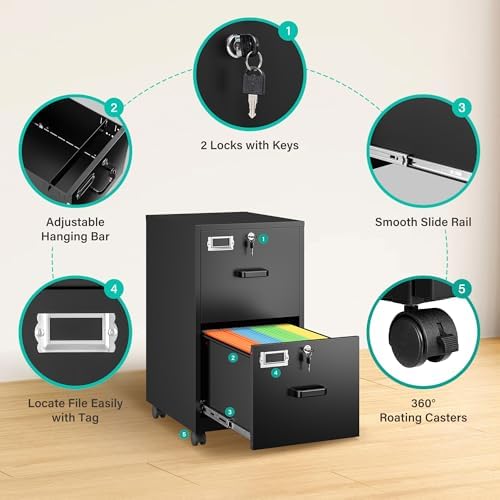 SISESOL 2 Drawer File Cabinet on Wheels,Metal Filing Cabinet with Lock,Black Rolling File Cabinets with Casters,Under Desk Office Cabinets for Home Office,Fit A4/Letter/Legal,Easy Assembly