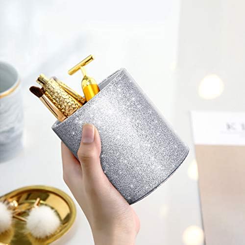 Glitter Pen Holder, Pencil Cup Desk Sparky Bling for Women Girls, Luxury Durable Makeup Brush Holder Large Pu Leather Multi-Functional Organizer Cup for Office, Classroom, Home, Silver