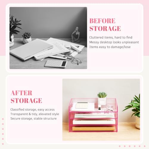 Harloon 4 Tier Clear Hot Pink Acrylic Paper Organizer Letter Tray, Aesthetic Stackable Low Profile Desk File Organizer Modern Heavy Duty Paper Holder Tray for A4, Office Home File Pad Books Notes