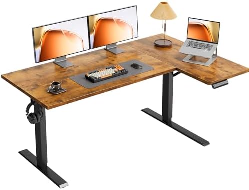 OffiGo 55 Inch Reversible L Shaped Electric Standing Desk, Rustic Brown